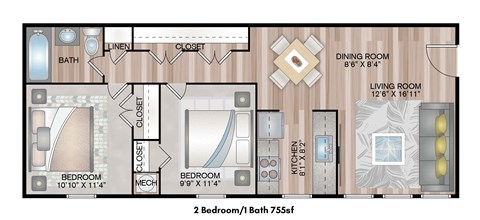 Floor plan for 2 beds, 1 bath, 830 sqft